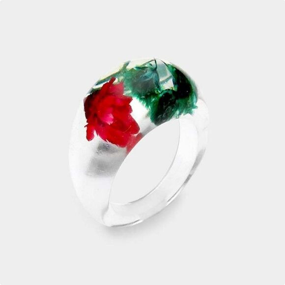 Pressed Red Flower Clear Lucite Ring Size 7.5 - Picture 1 of 5